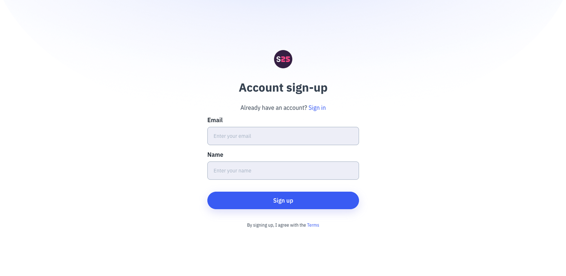 The account sign up page, with email and password inputs, and Sign Up button